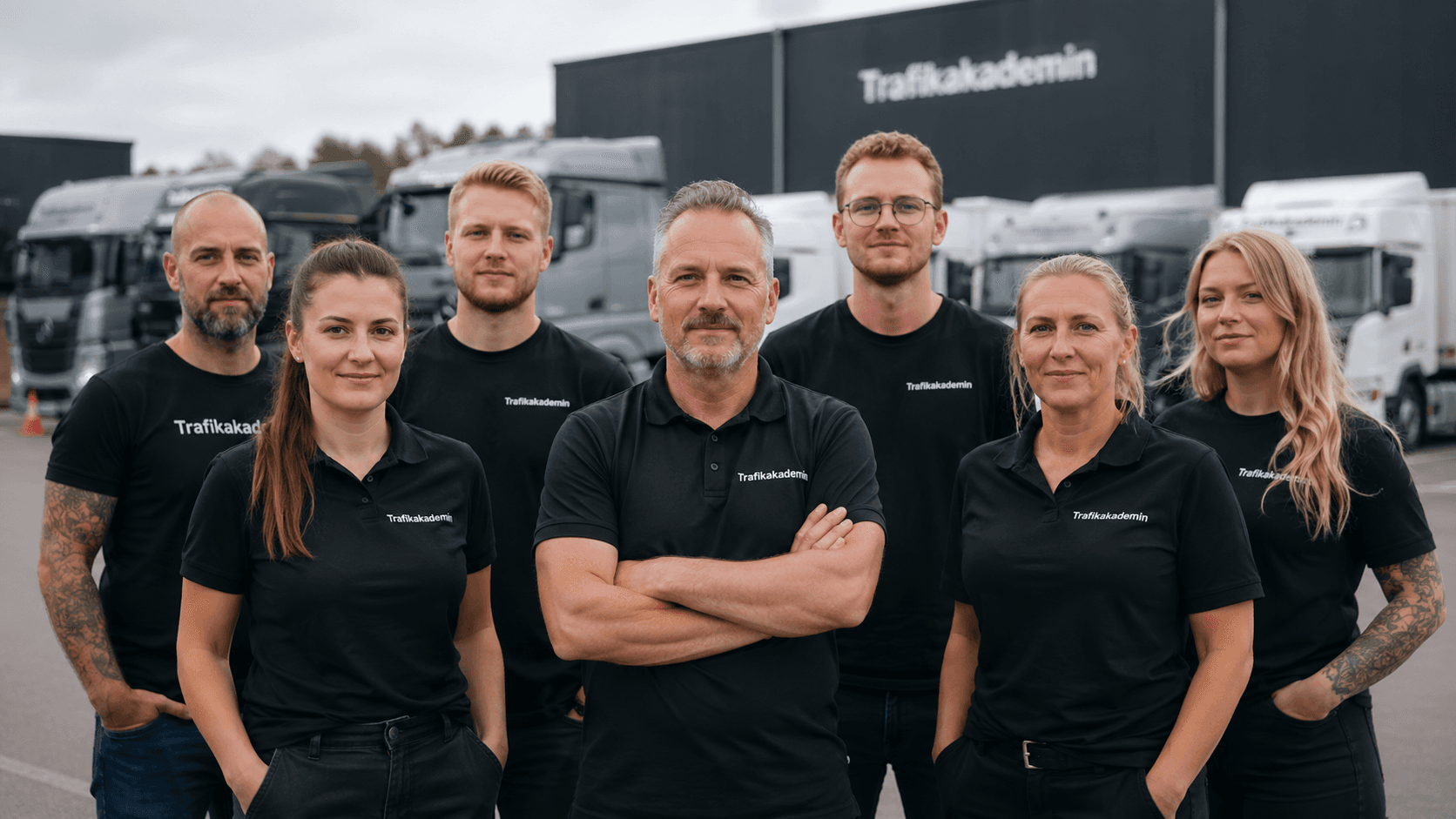 Teamet bakom Trafikakademin Sverige framför lastbilar