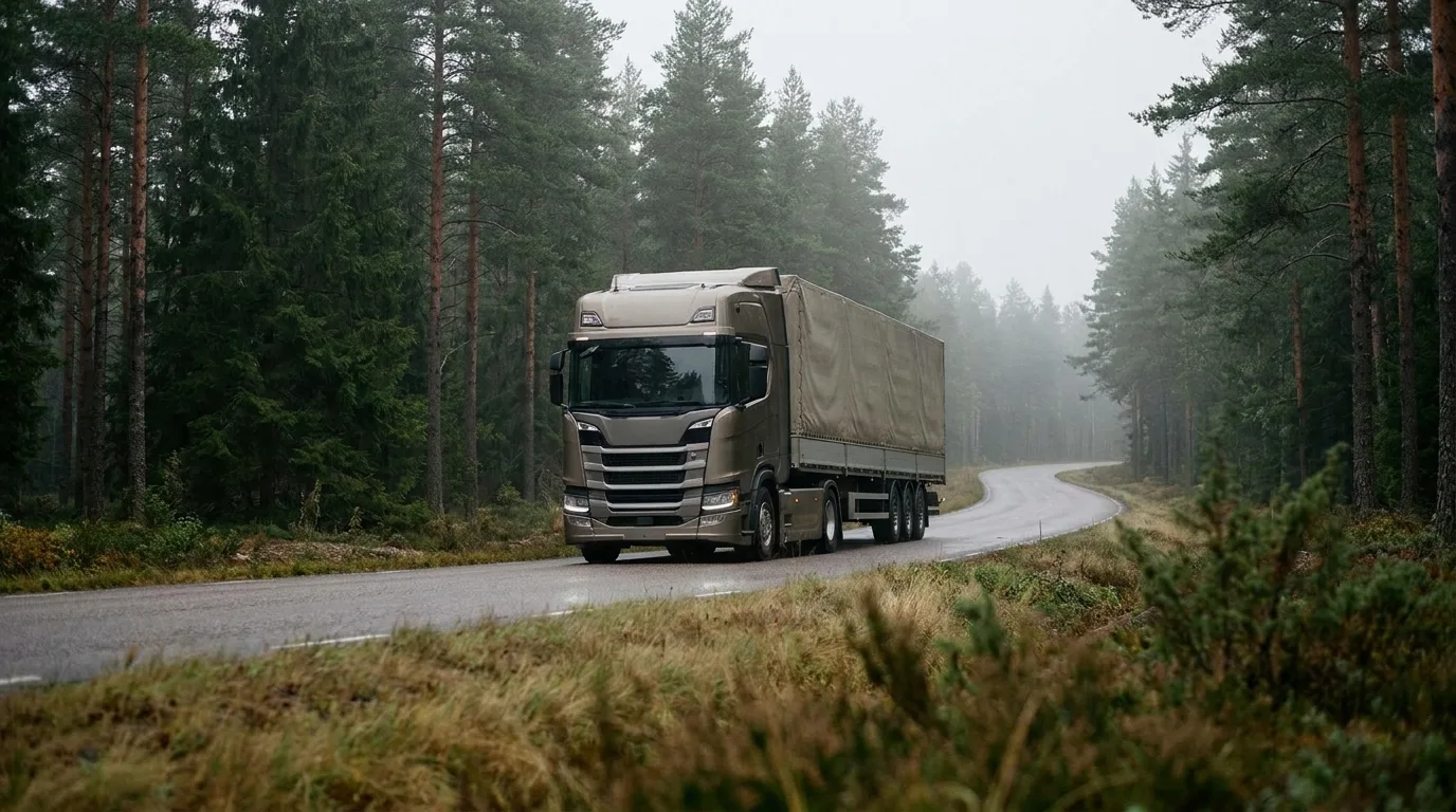 Svensk lastbil som kör genom skogslandskap i mjukt morgonljus
