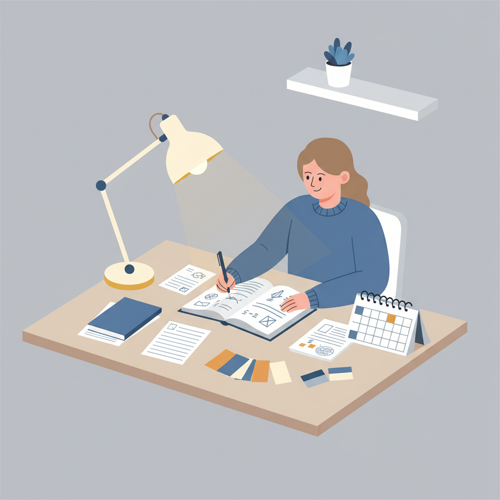 Person vid ett skrivbord med öppna böcker, anteckningar och en strukturerad studieplan